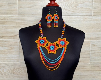 Handmade Huichol Beaded Necklace Set: Mexican Floral Choker