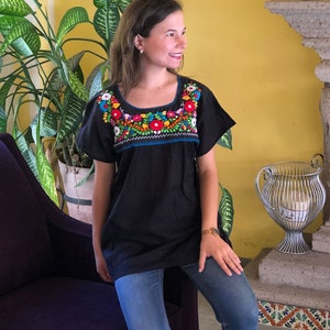 Traditional mexican hand embroidered blouse, multicolored floral emboidery, ethnic blose, mexican huipil.