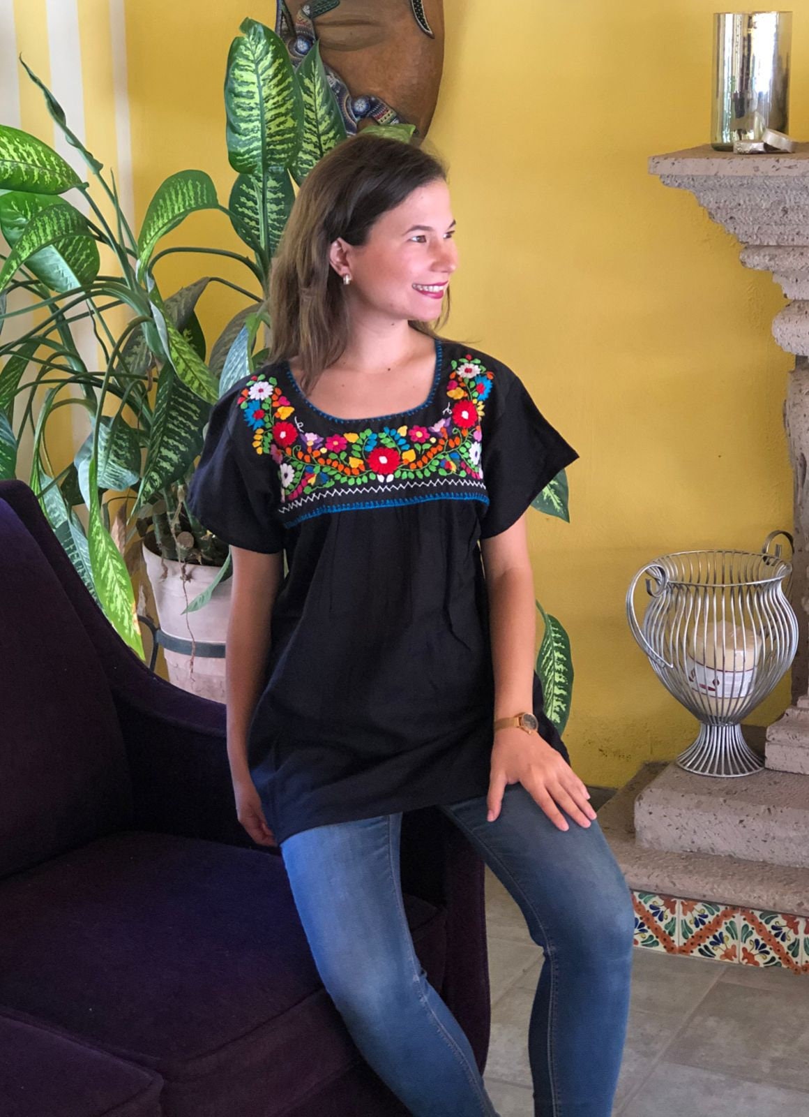 Traditional mexican hand embroidered blouse, multicolored floral emboidery, ethnic blose, mexican huipil.