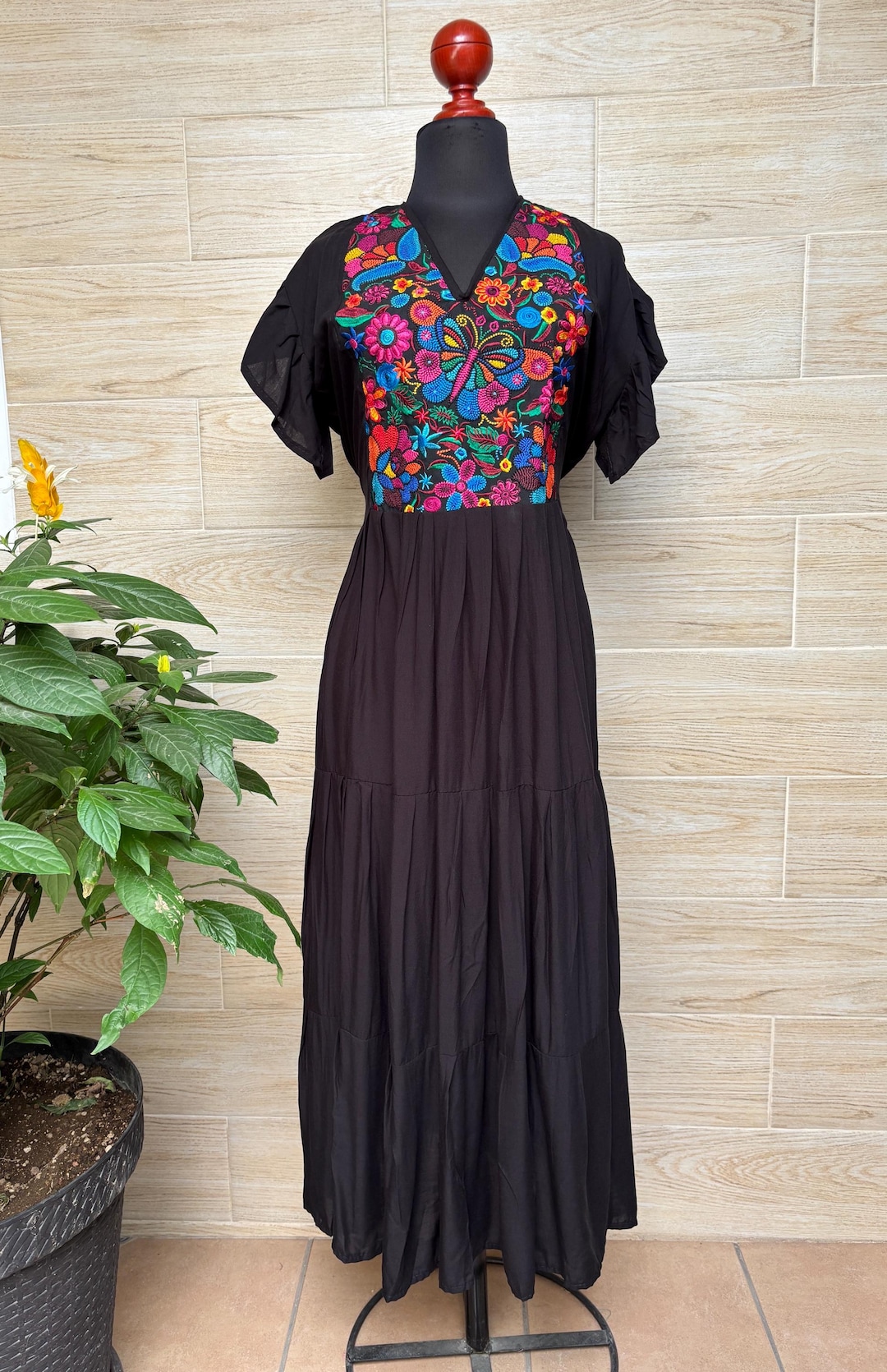 Vestido largo mexicano bordado a mano: vestido bohemio de rayón