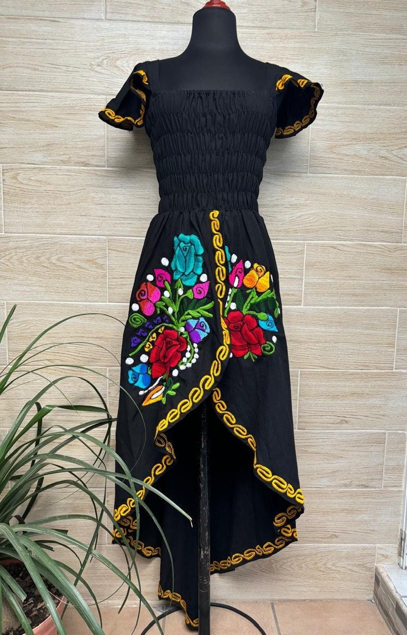 Floral Embroidered Dress, Asymmetrical Dress, Mexican