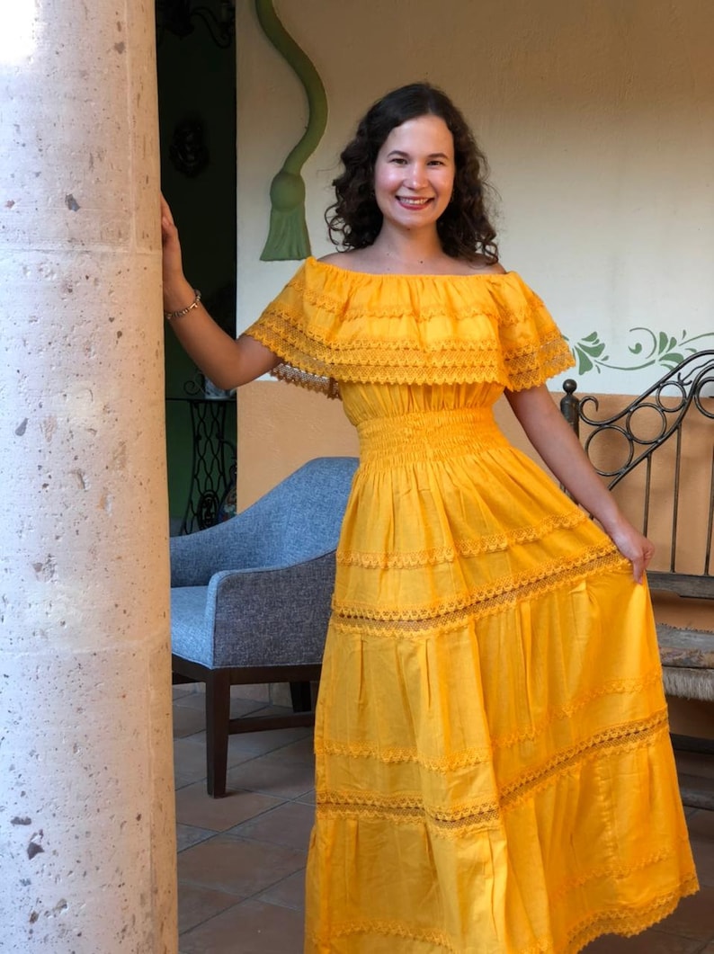 Traditional Mexican long dress, Mexican long dress, peasant dress, strapless dress, ethnic dress. Amarillo