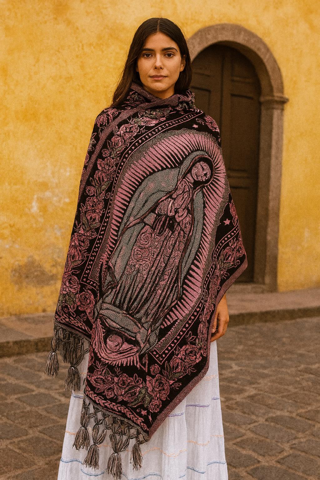 Châle Rebozo Mexicain - Coton, Violet Et Beige à Motifs Géométriques, Franges - Neuf