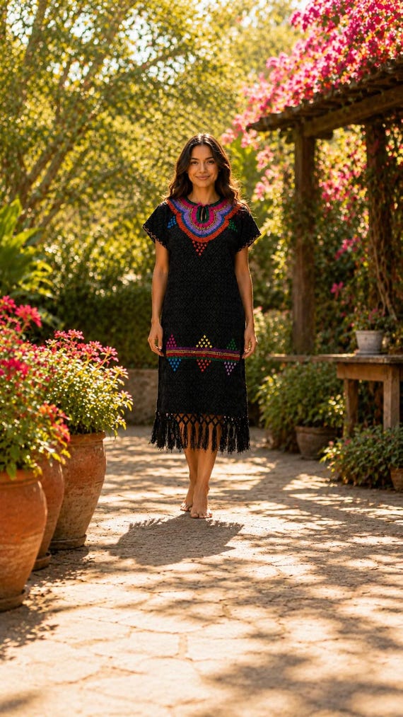 Handmade Mexican Loom Dress: Embroidered Ethnic Dress, Fits XL
