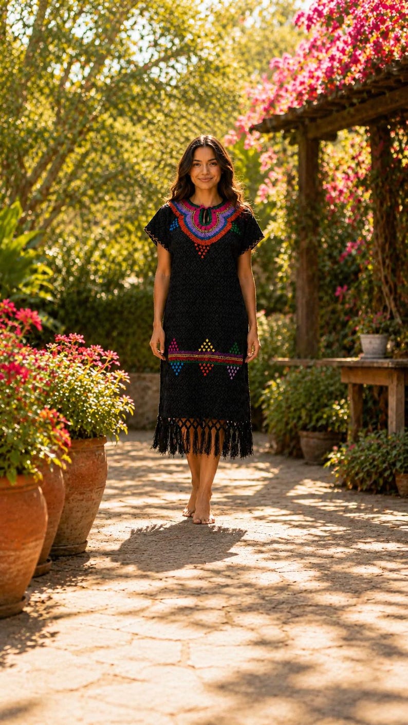 May include: A black embroidered dress with colorful geometric patterns around the neckline, waist, and hem. The dress features short sleeves and a fringe hemline. The woman is standing barefoot on a stone path in a garden setting.