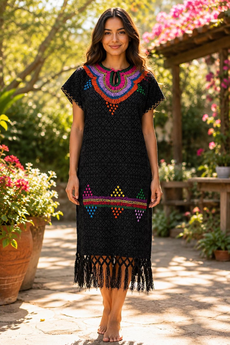 May include: Black embroidered dress with colorful floral patterns around the neckline and hem. The dress has short sleeves and a diamond pattern. The hemline is finished with fringe. The dress is knee-length.