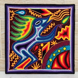 Huichol yarn painting 12 X 12 inches (30 X 30 cms), Huichol Thread Painting - Handmade Mexican Art with a Detailed History.