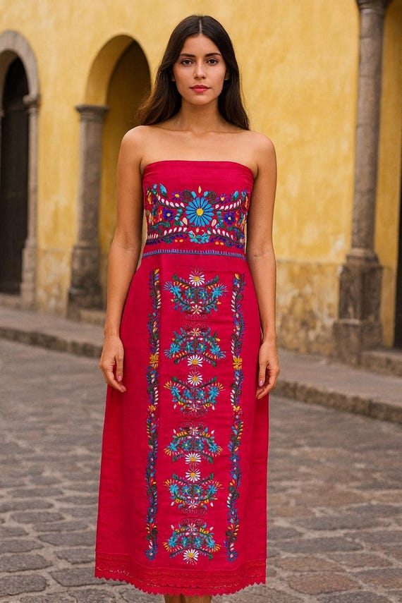 strapless mexican embroidered dress Esperanza Floral Dress main image 1