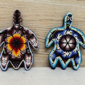 Huichol turtle statue lined with tiny beads, Huichol Decor, Huichol beadwork, Mexican Art, Collectible figure.
