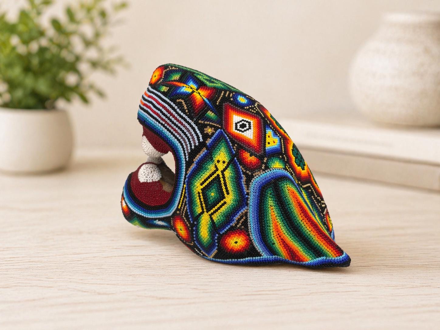 Huichol Beaded Jaguar Head, Handmade Mexican Folk Art Sculpture