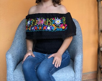 Haut paysan mexicain brodé à la main : chemisier à fleurs, S/M