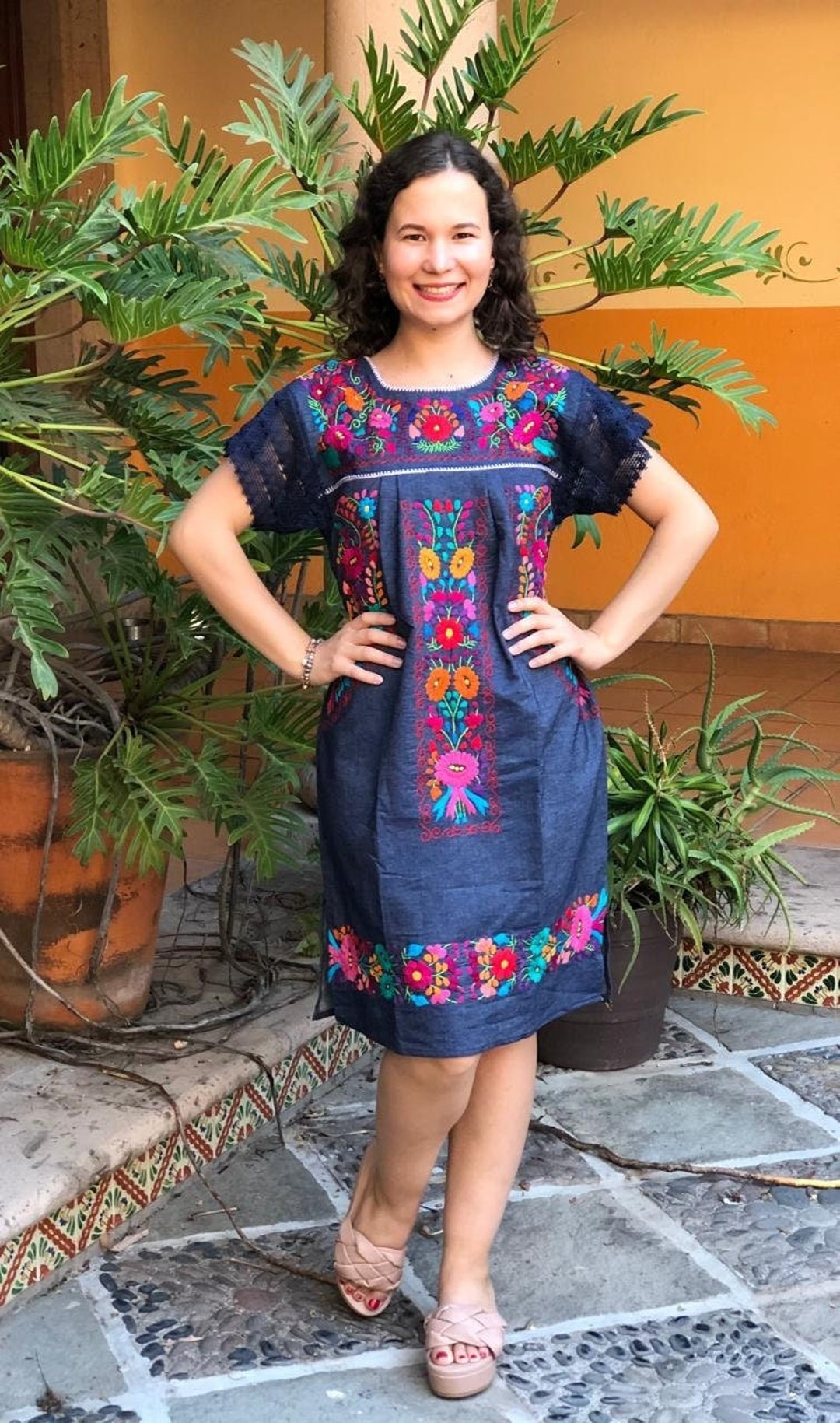 denim mexican dress Artesian Embroidered Dress Denim #77304