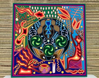 Huichol Yarn Painting: 24" Square Mexican Folk Art Wall Decor