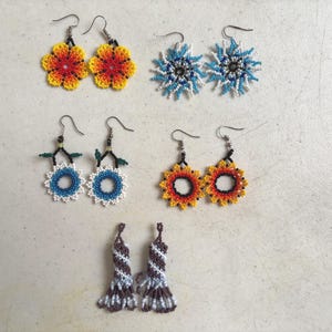 Colorful Handmade Huichol Beaded Earrings, Mexican indigenous jewelry, Frida style, Festival Accessories-