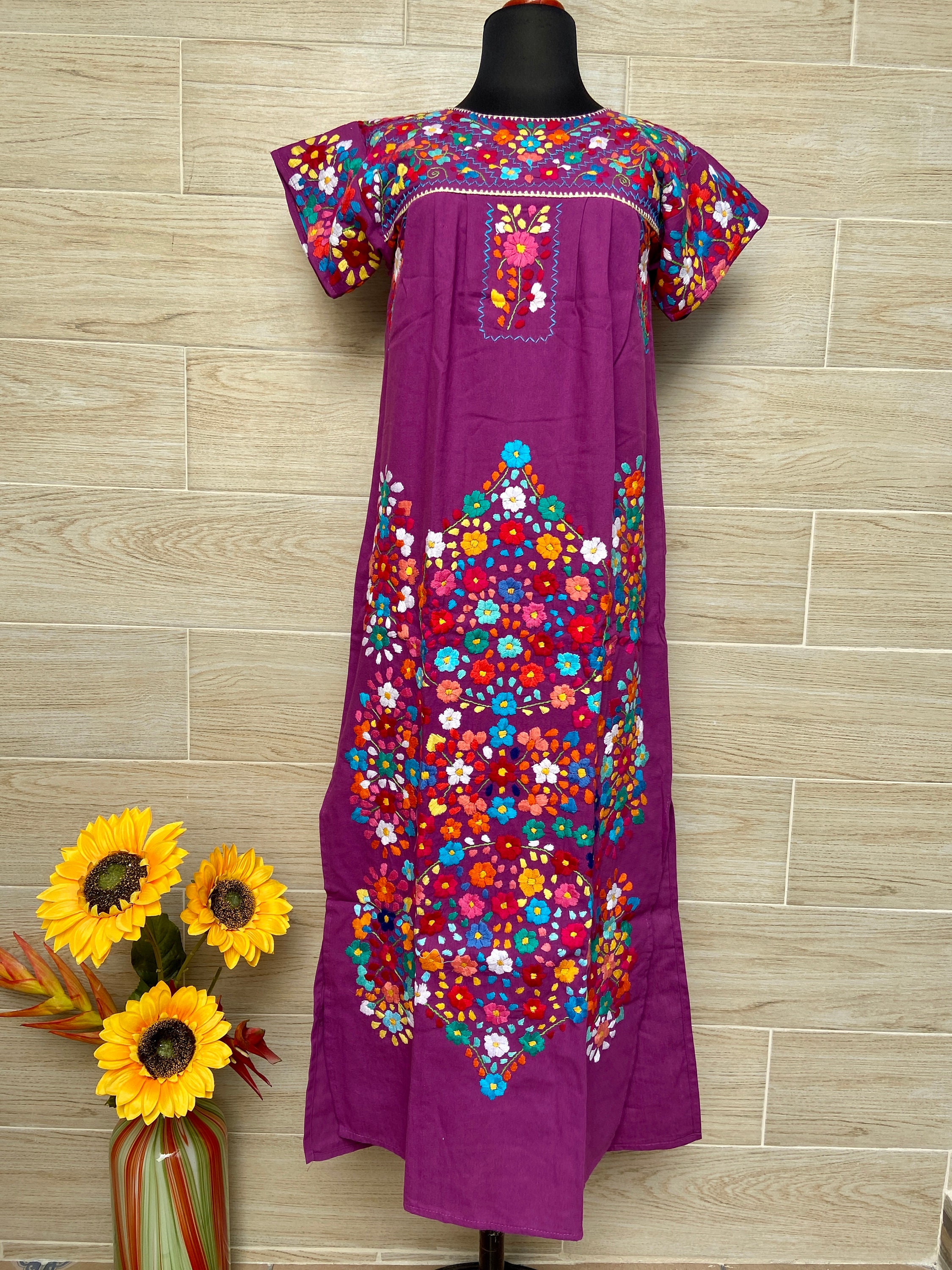 Handmade Embroidered Long Dress – Mexican Boho Style, Manta