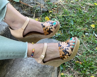 Sandales compensées Huaraches en cuir peintes à la main, talons plateforme mexicains