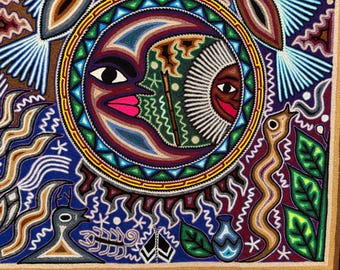 メキシコ絵画 ウイチョル族の糸絵 24 x 24 インチ (60 x 60 センチ)、メキシコ