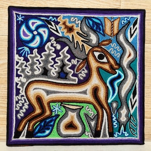 Huichol yarn painting 12 X 12 inches (30 X 30 cms), Huichol Thread Painting - Handmade Mexican Art with a Detailed History.