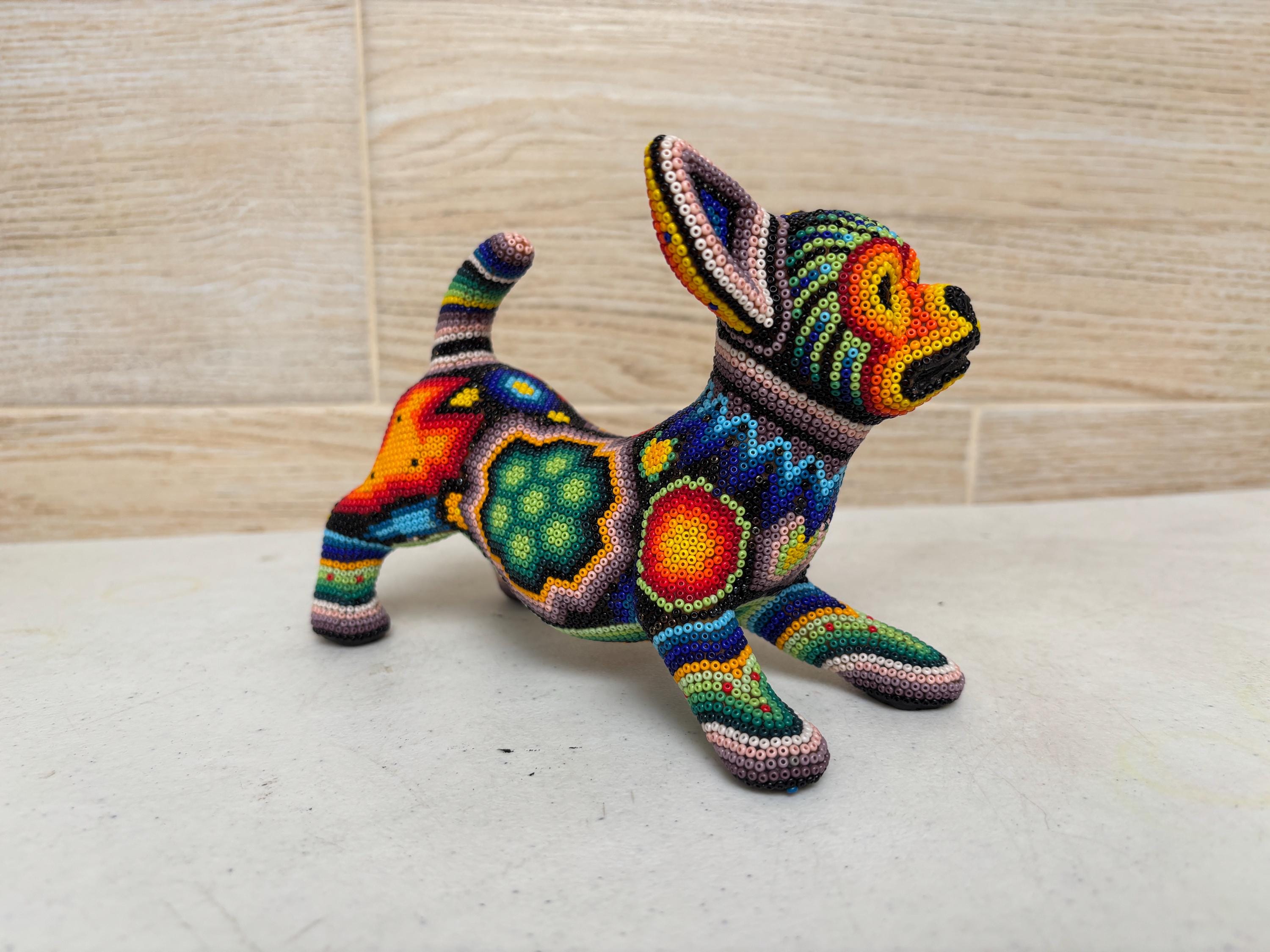 Huichol dog statue lined with tiny beads, Huichol art figure, Huichol beadwork, Mexican Art, Collectible figure, handmade gift.