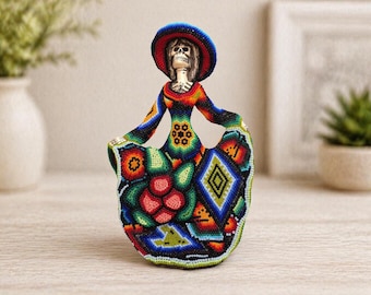 Huichol Beaded Catrina Skeleton Figurine, Mexican Folk Art Decor