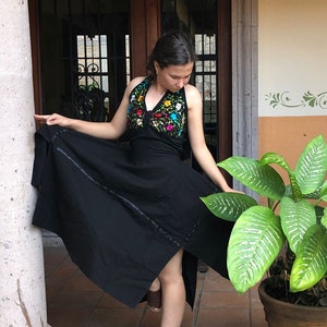 Floral Halter Dress, hand embroidered Dress, embroidered with bright thread, Mexican floral dress, asymmetrical dress.