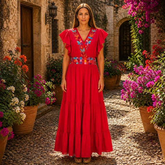 mexican flowy dress Women'S Mexican Dress Summer Floral Print Off the Shoulder Sleeveless Beach  Long Maxi Dress Black & Red XL