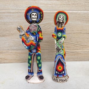 Handmade Huichol Beaded Skeleton Figurine, Mexican Folk Art Day of the Dead, Sold Separately.