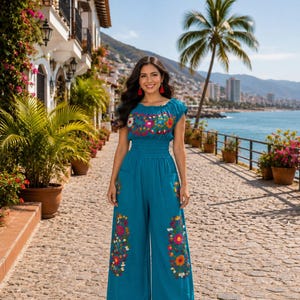 Hand Embroidered Mexican Floral Palazzo Jumpsuit: Bare Shoulder