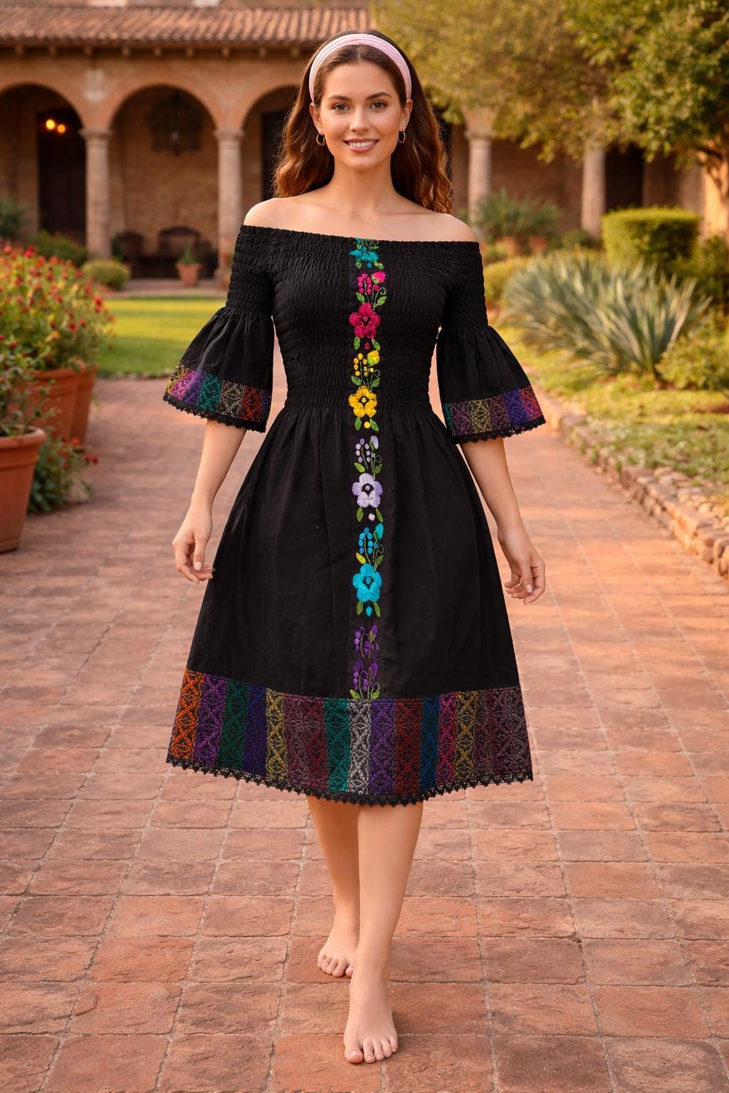 floral embroidered bell sleeve dress Puebla Long Mexican Dress Mermaid Cut Raw Cotton / S
