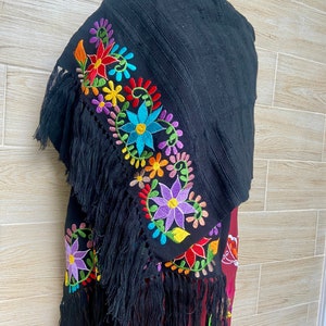 Floral Embroidered Shawl, mexican shawl, mexican scarf, embroidered mexican rebozo, elegant scarf, evening wrap, beautiful gift. Black