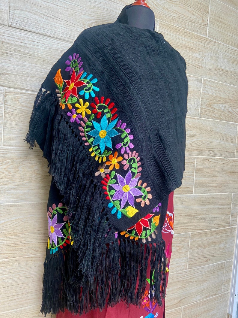 Floral Embroidered Shawl, mexican shawl, mexican scarf, embroidered mexican rebozo, elegant scarf, evening wrap, beautiful gift. Black