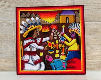 Huichol Yarn Painting: Handmade Mexican Thread Art (12x12 inches)