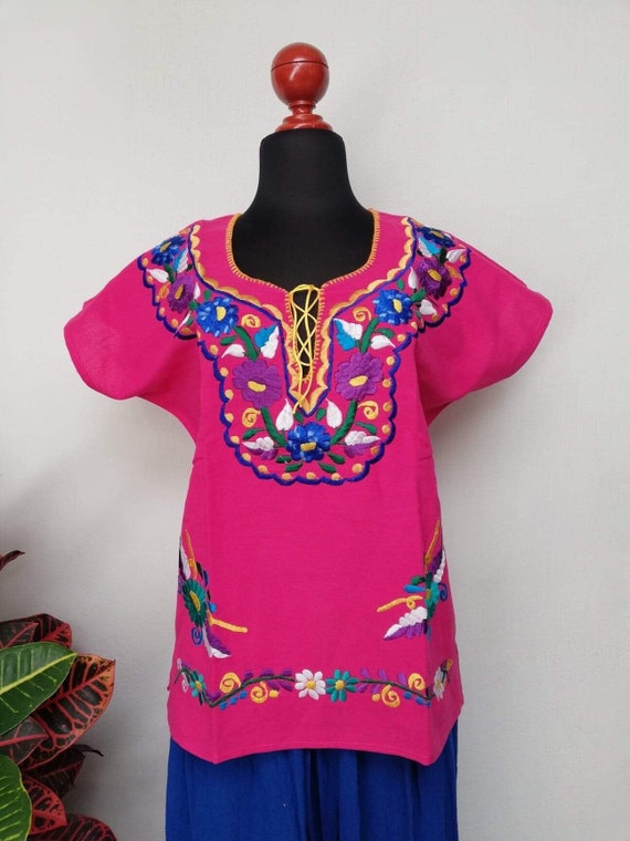 multicolored floral emboidery mexican huipil. Traditional mexican hand embroidered blouse ethnic blose