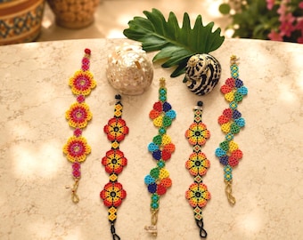 Handmade Beaded Huichol Bracelet: Mexican Floral Beadwork Jewelry