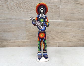 Handmade Huichol Beaded Skeleton Musician, Mexican Folk Art Day of the Dead Figurine.
