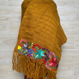 Floral Embroidered Shawl, mexican shawl, mexican scarf, embroidered mexican rebozo, elegant scarf, evening wrap, beautiful gift. Mostaza