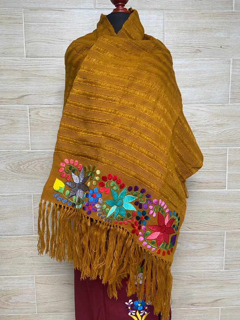 Floral Embroidered Shawl, mexican shawl, mexican scarf, embroidered mexican rebozo, elegant scarf, evening wrap, beautiful gift. Mostaza