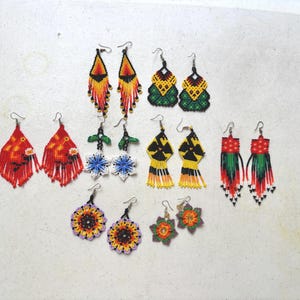 Colorful Handmade Huichol Beaded Earrings, Mexican indigenous jewelry, Frida style, Festival Accessories-