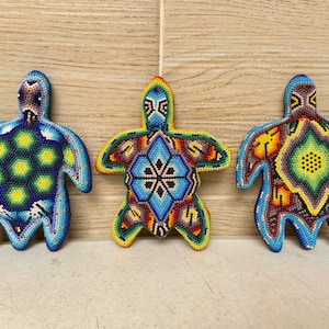 Huichol turtle statue lined with tiny beads, Huichol Decor, Huichol beadwork, Mexican Art, Collectible figure.