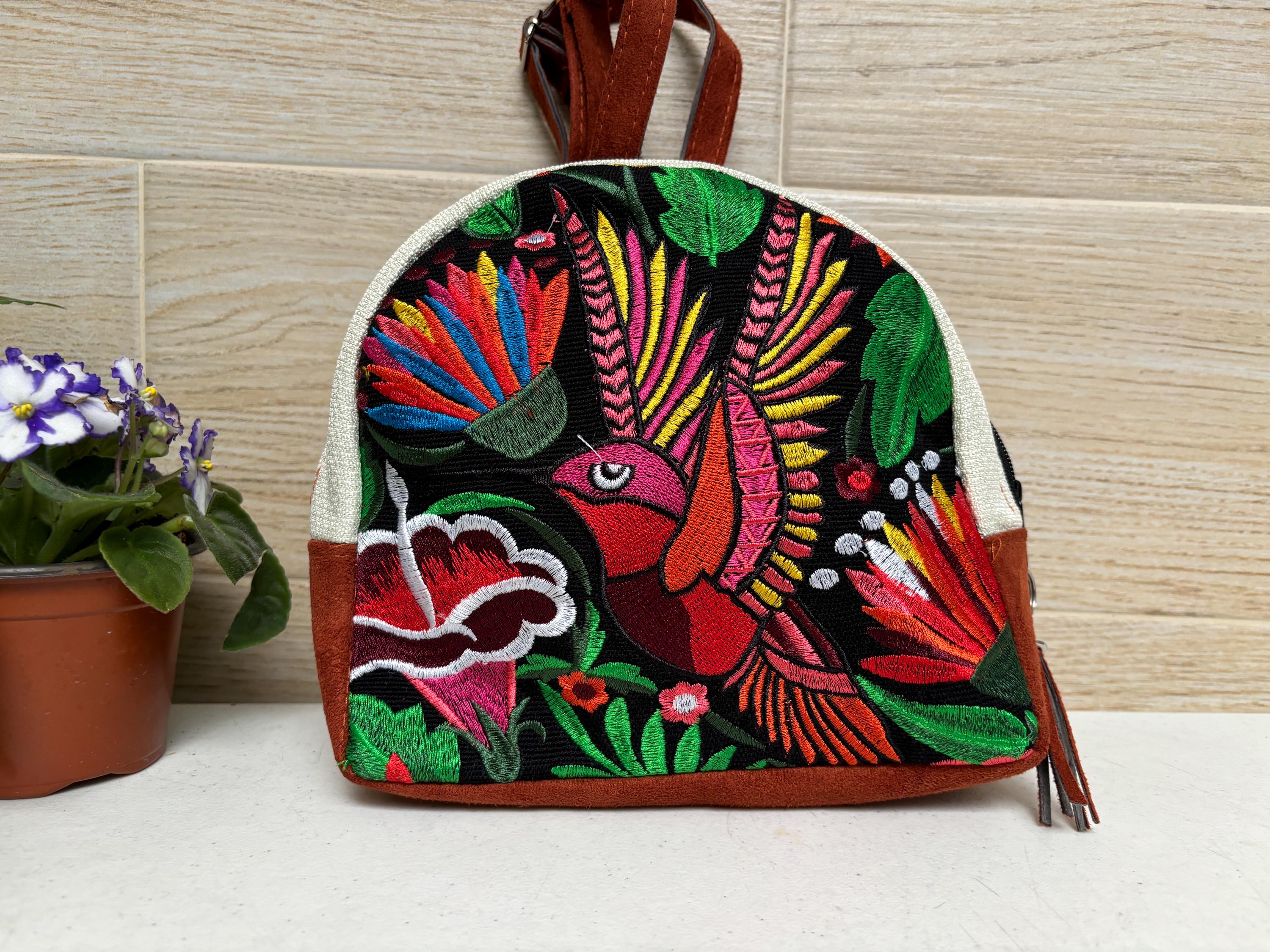 Handmade Embroidered Floral Mini Backpack Mexican Boho Canvas Leather Bag Handmade Mexican Backpack: Small Cotton Embroidered Boho Bag  main image 4