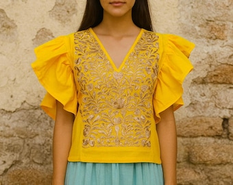 Handmade Mexican Embroidered Top, Floral Boho Blouse, Ruffle Sleeve