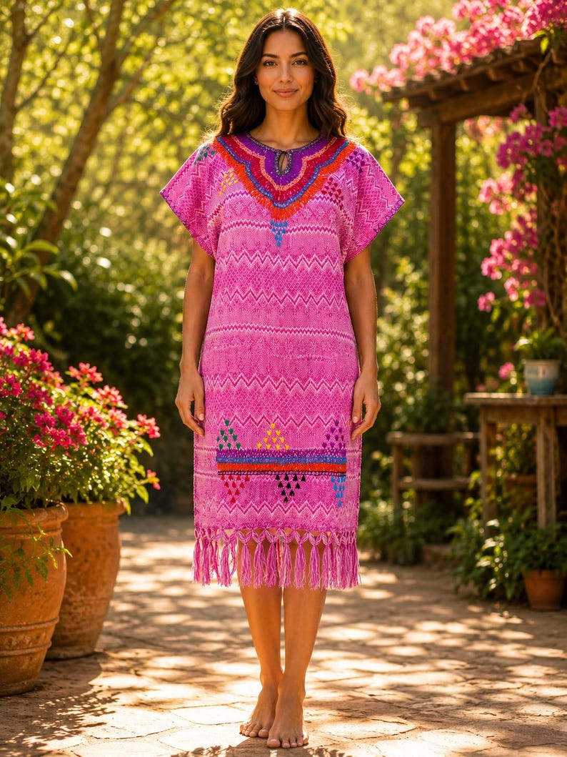 May include: A pink, knee-length dress with short sleeves and a fringed hem. The dress features colorful embroidered details around the neckline and hem, with a geometric pattern. The dress is worn outdoors in a garden setting.