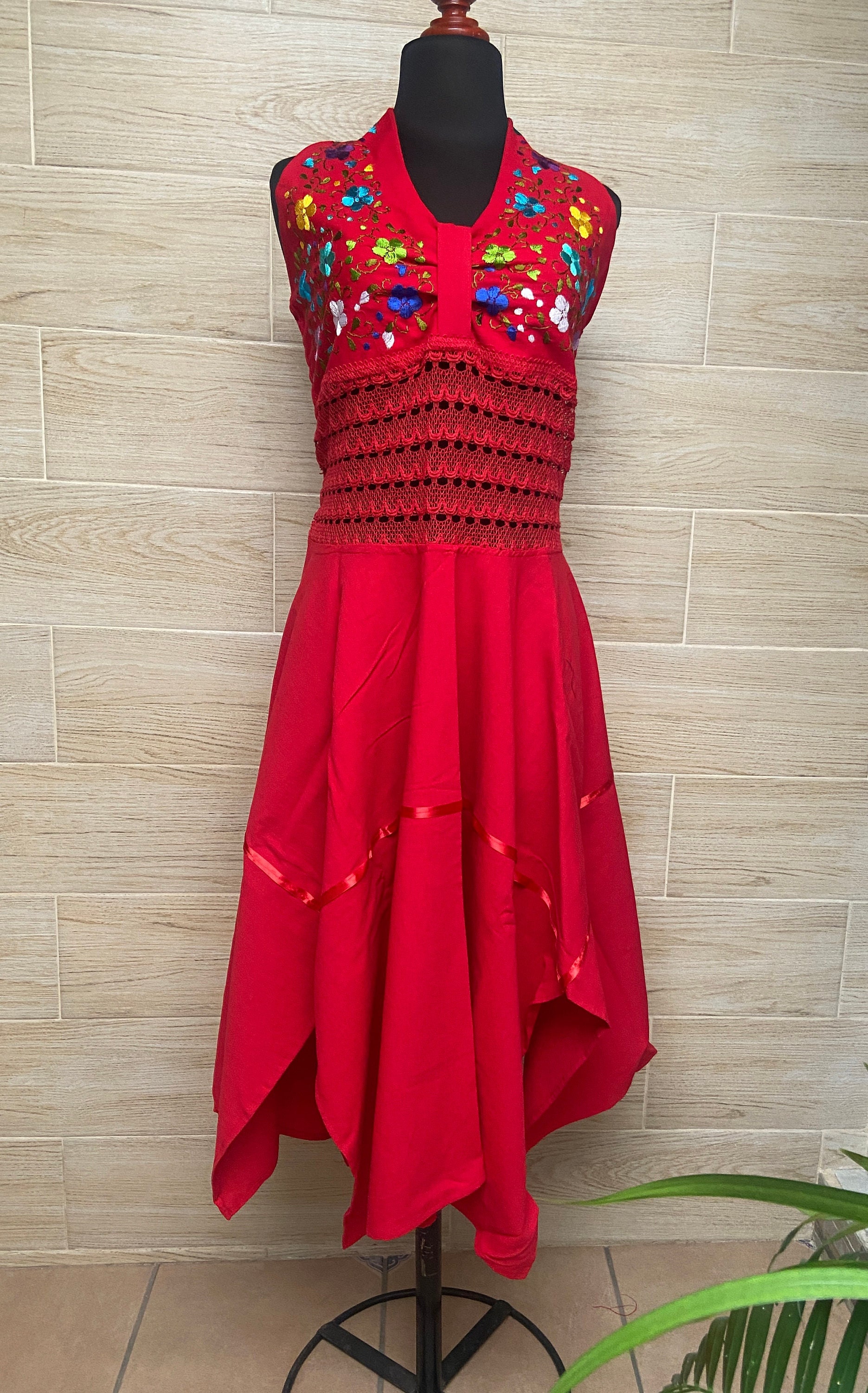 Women's Mexican Embroidered Dress - Bohemian Floral Maxi, Short Sleeve, Cotton - View #3