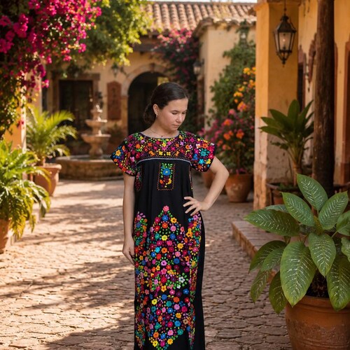 Handmade Mexican Embroidered Dress: Manta Cotton Boho Floral Gown Handmade Mexican Embroidered Dress: Manta Cotton Boho Floral Gown