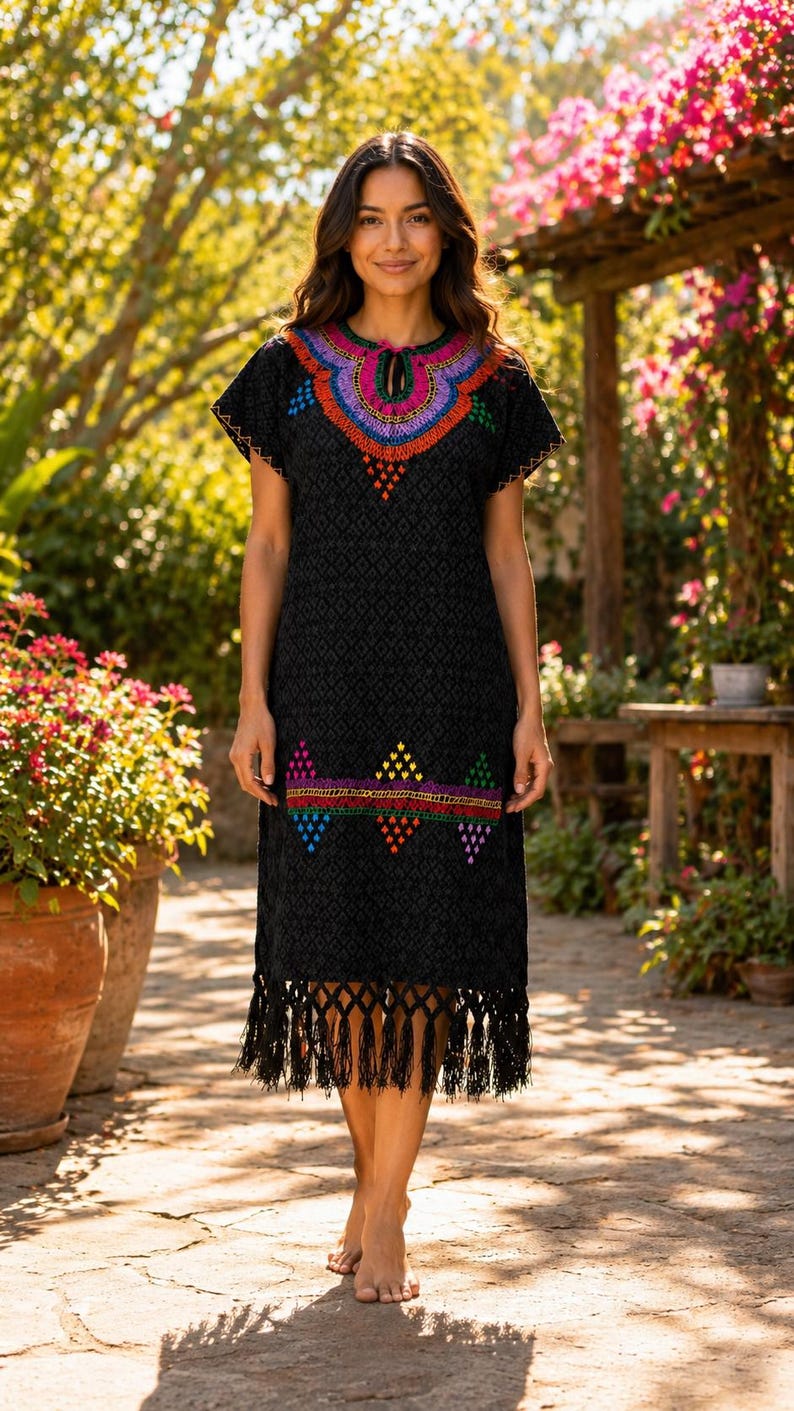 May include: Black embroidered dress with colorful floral patterns around the neckline and hem. The dress features short sleeves and a fringe hemline. The dress is knee-length and has a diamond pattern throughout the fabric.