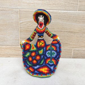 Handmade Huichol Beaded Skeleton Dancing Catrina, Mexican Folk Art Day of the Dead-