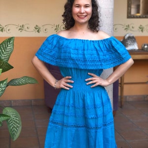 Traditional Mexican long dress, Mexican long dress, peasant dress, strapless dress, ethnic dress. Azul