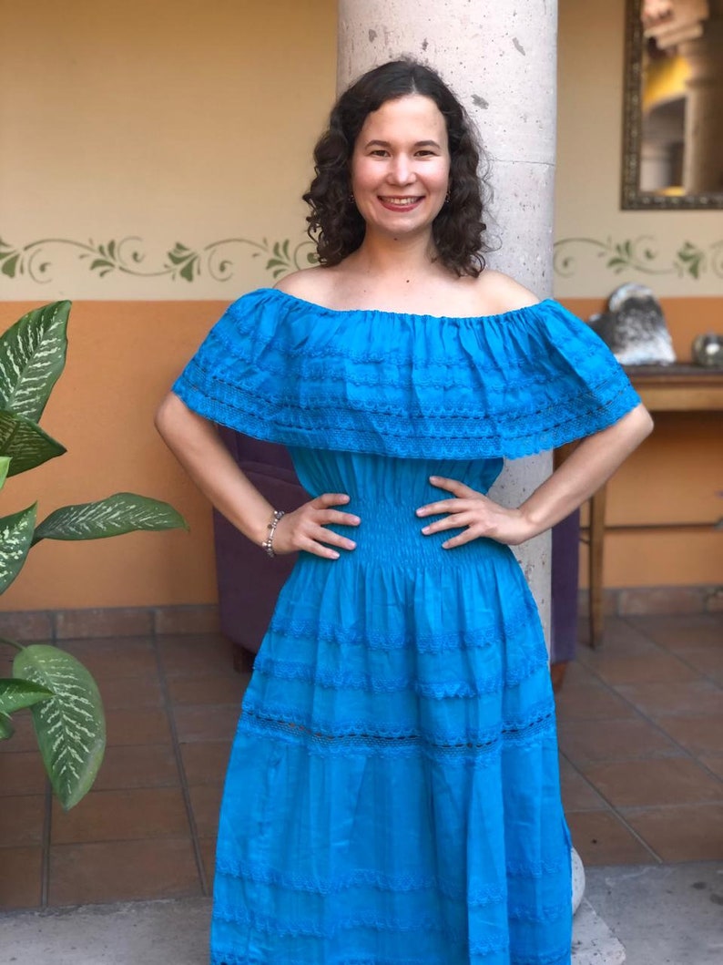 Traditional Mexican long dress, Mexican long dress, peasant dress, strapless dress, ethnic dress. Azul