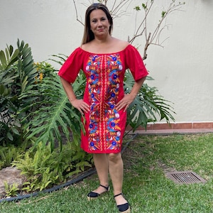 Mexican dress, floral embroidered dress, handmade dress, shoulderless mexican dress.