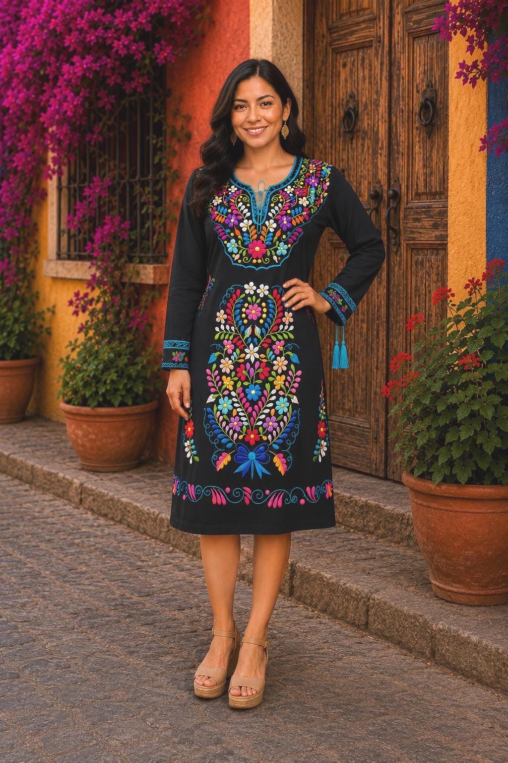Embroidered Mexican Dress: Floral Huipil, Ethnic Oaxaca Artisan